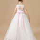 Floor-length Sleevelesss Lace Tulle Satin Flower Girl Dresses With Pink Bowknot Sash