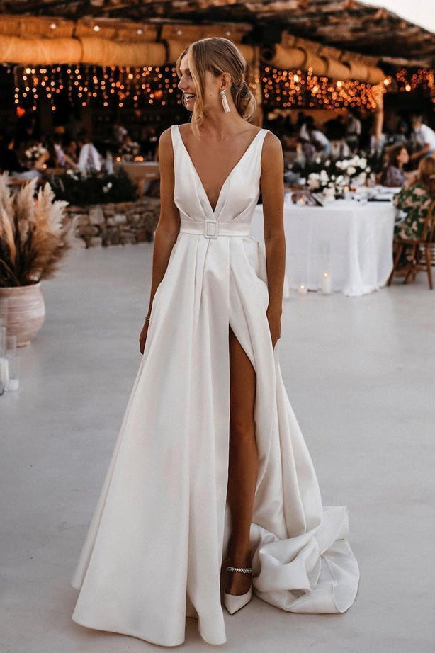 Fashion A Line V Neck Satin Wedding Dresses with Slit