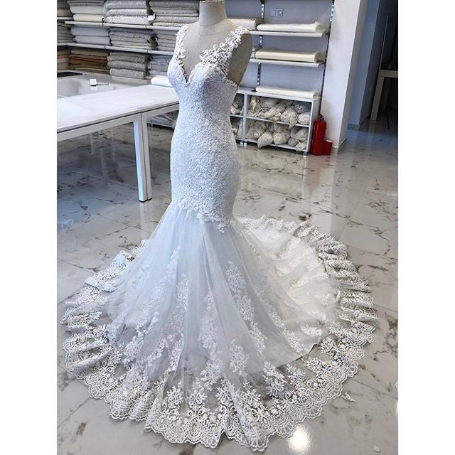 Luxury V Neck Lace Tulle Mermaid Wedding Dresses with Appliques