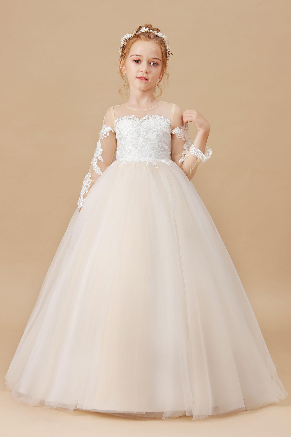 Long Sleeves Satin Flower Girl Dress for Ankle Length Look main image 0