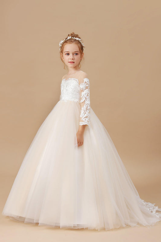 Floor-length Long Sleeves Lace Tulle Satin Flower Girl Dresses