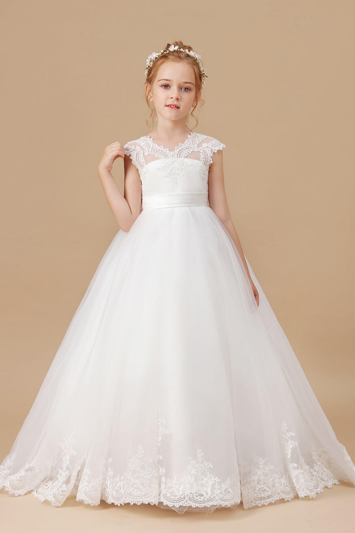 Floor-length Tulle Satin Long Sleeves Lace Flower Girl Dresses
