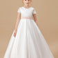Ivory Floor-length Lace Satin Flower Girl Dresses With Pink Bowknot