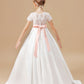 Ivory Floor-length Lace Satin Flower Girl Dresses With Pink Bowknot