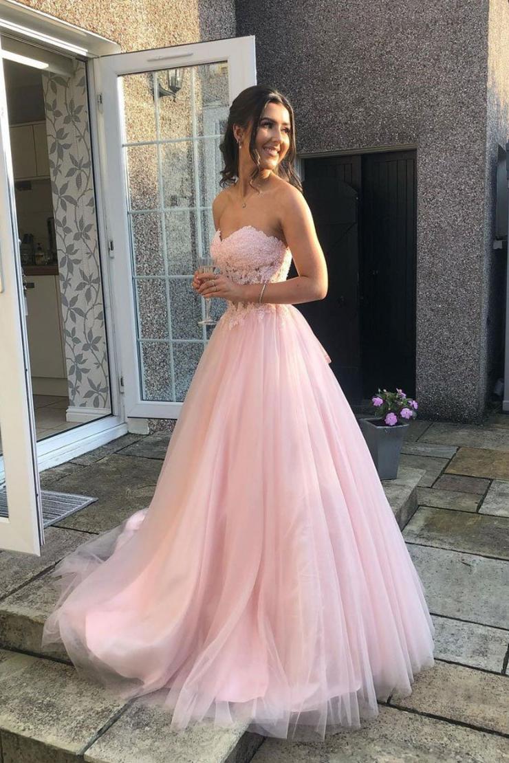 Pink Sweetheart Sleeveless A Line Tulle Lace Prom Dress