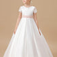 Ivory Floor-length Lace Satin Flower Girl Dresses With Pink Bowknot