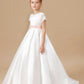 Ivory Floor-length Lace Satin Flower Girl Dresses With Pink Bowknot