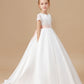 Ivory Floor-length Lace Satin Flower Girl Dresses With Pink Bowknot