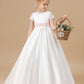 Ivory Floor-length Lace Satin Flower Girl Dresses With Pink Bowknot
