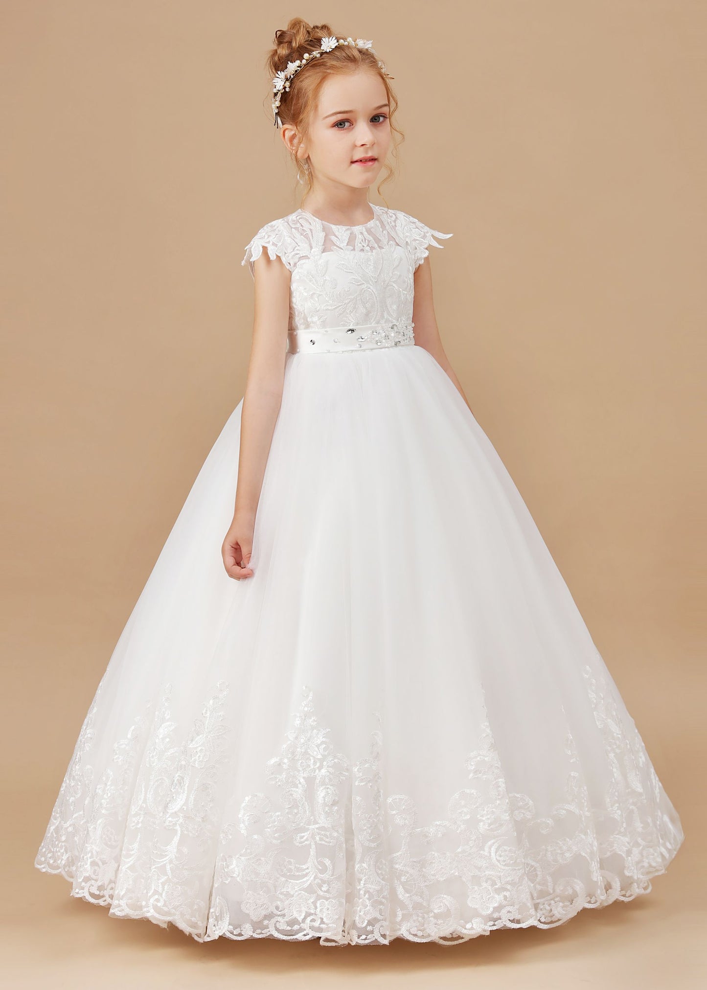 Princess Lace Tulle Satin Flower Girl Dresses With Bowknot