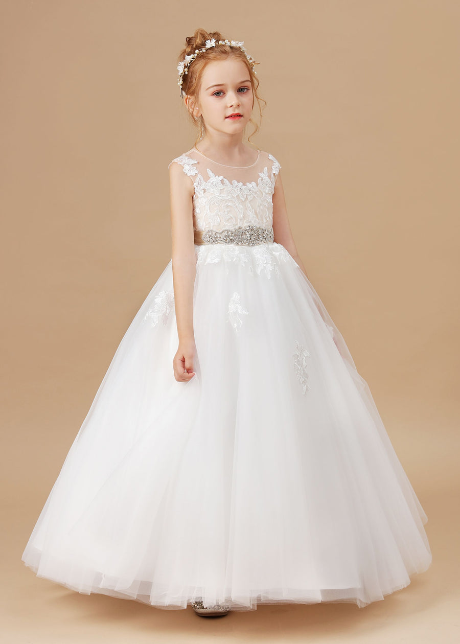Ivory Tulle Satin V-neck Sleeveless Flower Girl Dress With Bowknot