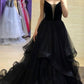A Line Black Spaghetti Straps Evening Dresses Tulle Long Prom Dresses