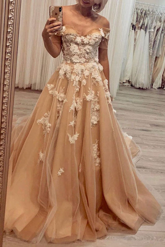 Stylish A Line Tulle 3D Flowers Evening Dresses Off the Shoulder Long Prom Dresses