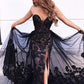 Black Lace Sequins Sweetheart Appliques Long Prom Dresses With Slit Evening Dresses