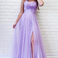 Lilac A Line Tulle Lace Evening Dresses Appliques Long Prom Dresses