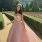 Pink Strapless A-Line Lace Top Tulle Formal Evening Dresses Long Prom Dresses