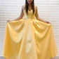 A Line Simple Yellow Satin Spaghetti Straps Formal Evening Dresses Long Prom Dresses
