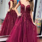 A Line Tulle Burgundy Lace Appliques Formal Evening Dresses Long Prom Dresses