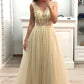 V Neck A Line Formal Evening Dresses Tulle Beads Long Prom Dresses