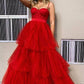 Red Tulle Spaghetti Straps Rufles Formal Evening Dresses A Line Long Prom Dresses