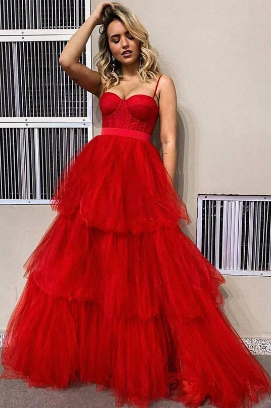 Red Tulle Spaghetti Straps Rufles Formal Evening Dresses A Line Long Prom Dresses