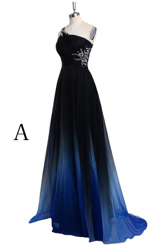 Ombre A Line Sweep Train One Shoulder Sleeveless Open Back Beading Prom Dress,Formal Dress O08