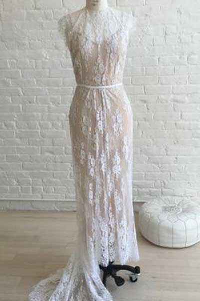 White Sheath Sweep Train Sleeveless Lace Wedding Dresses