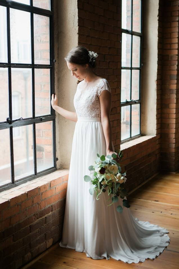 Ombreprom Beach Wedding Dress Elegant Ivory Lace Chiffon Long A Line Brush Train Cap Sleeves For Bride