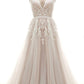 A Line Deep V Neck Sleeveless Applique Wedding Dresses