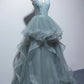 Gray Spaghetti Straps Tulle Princess Formal Evening Party Dresses Long Formal Prom Dresses