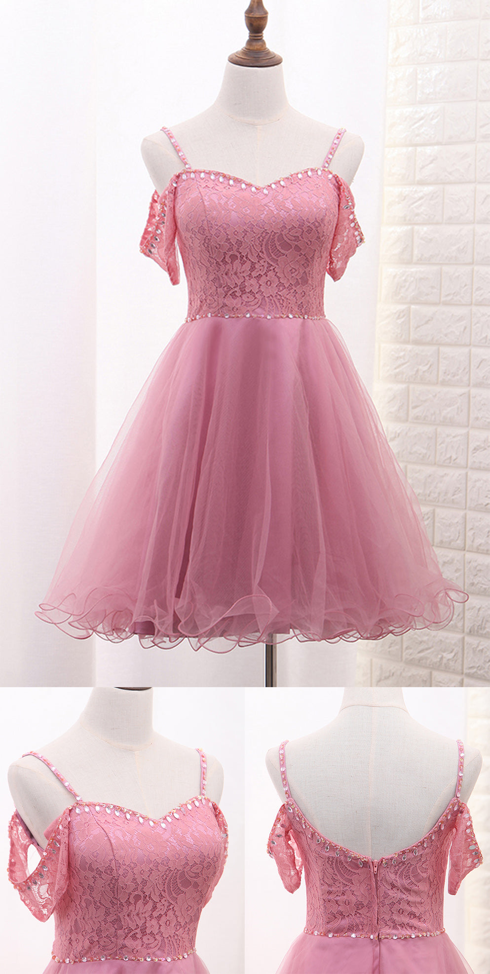 Chic Tulle Lace Spaghetti Strap With Beading Homecoming Dresses