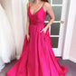 Simple Pink Sleeveless V Neck Satin Long Prom Dress
