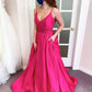 Simple Pink Sleeveless V Neck Satin Long Prom Dresses