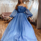 A Line Formal Evening Dresses Blue Organza Long Sleeves Strapless Prom Dresses