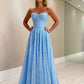 Sky Blue A-Line Lace Strapless Sweetheart Formal Evening Dresses Long Prom Dresses