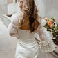 Fairy Cute Sheath Short Satin Wedding Dresses with Long Sleeves