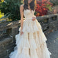 Champagne A-Line Spaghetti Straps Ruffles Formal Evening Dresses Long Prom Dresses