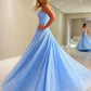Sky Blue A-Line Lace Strapless Sweetheart Formal Evening Dresses Long Prom Dresses