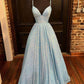 Blue A-Line V-Neck Simple Sequin Formal Evening Dresses Long Prom Dresses