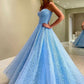 Sky Blue A-Line Lace Strapless Sweetheart Formal Evening Dresses Long Prom Dresses