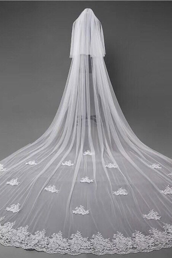 Cute Tulle Lace Appliques Chapel Veils Long Wedding Veil