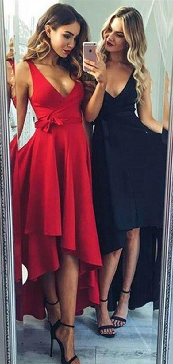 Elegant V Neck Satin High Low With Bowknot Homecoming Dresses