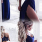 Two Piece V-Neck Floor-Length Royal Blue Stretch Satin Prom Dresses With Lace