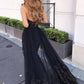 Black Lace Sequins Sweetheart Appliques Long Prom Dresses With Slit Evening Dresses