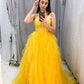 Tulle Spaghetti Straps Yellow Ruffles Evening Dresses A Line Long Prom Dresses