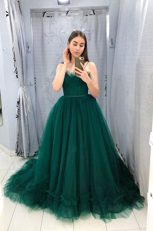 Ball Gown Tulle Spaghetti Straps Formal Evening Dresses Green Long Prom Dresses