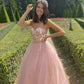 Pink Strapless A-Line Lace Top Tulle Formal Evening Dresses Long Prom Dresses