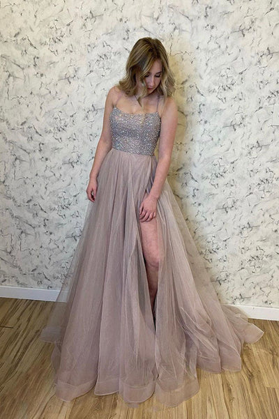 Elegant Spaghetti Strap Sleeveless A-line Tulle Long Prom Dresses With Slit For Party Online, OL384