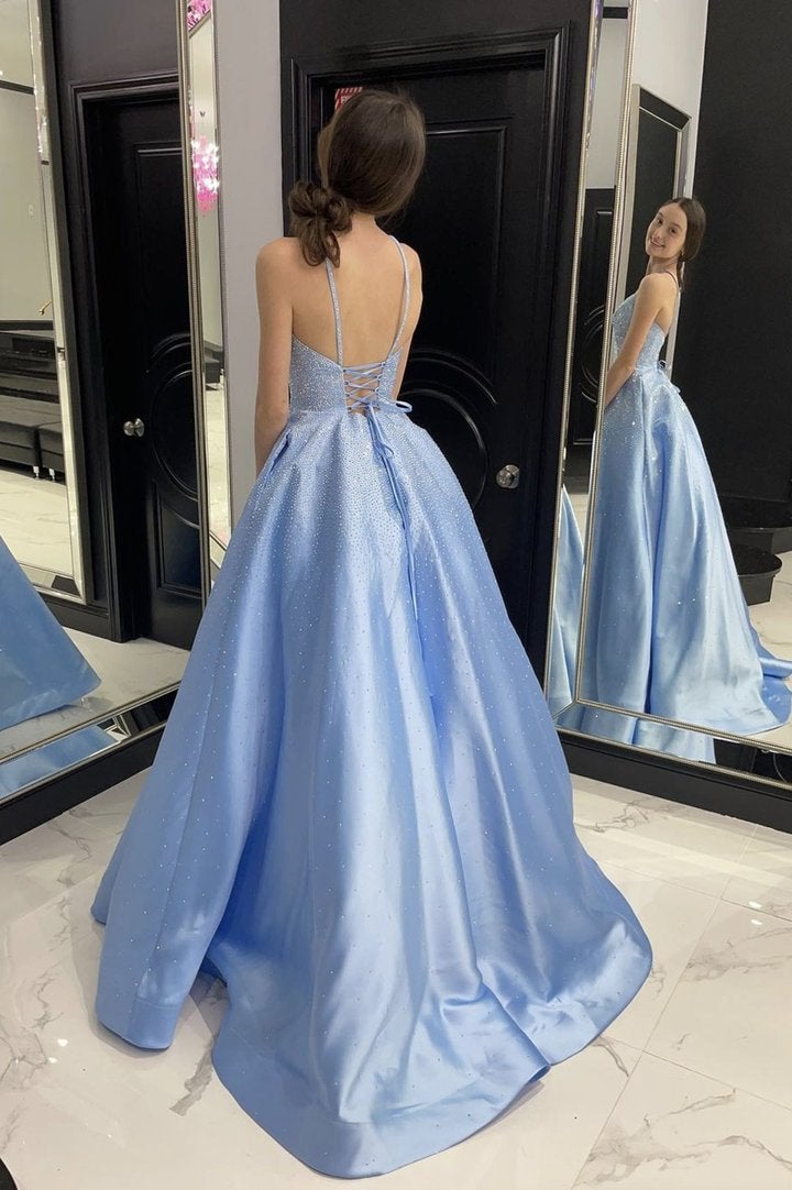 A Line Spaghetti Straps Formal Evening Dresses Satin Blue Long Prom Dresses