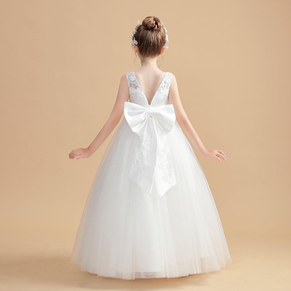 Ivory Beautiful Lace and Tulle Sleeveless Scoop Cheap Flower Girl Dresses with Bow, FG0087